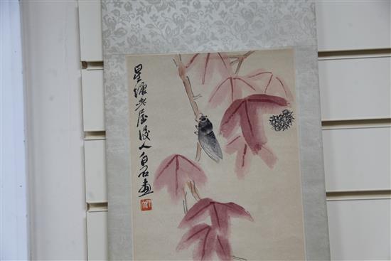 After Qi Baishi. A Chinese printed scroll c.1950s, image 20 x 26cm (2)